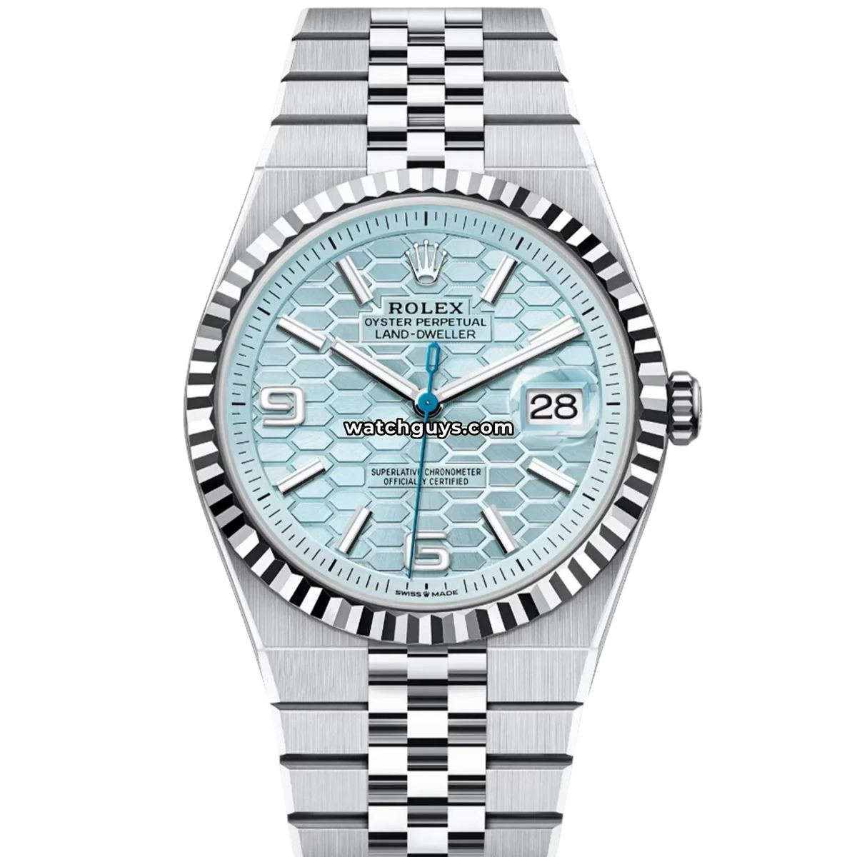 Rolex Land-Dweller 127336 Platinum Ice Blue Honeycomb Motif